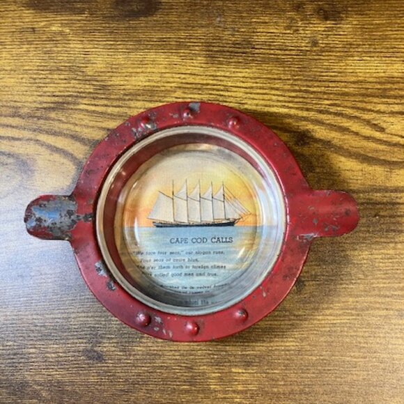 Vintage Nautical‎ Cape Cod & Poem Ashtray Metal & Glass Red 4.5" Diameter - Picture 1 of 5